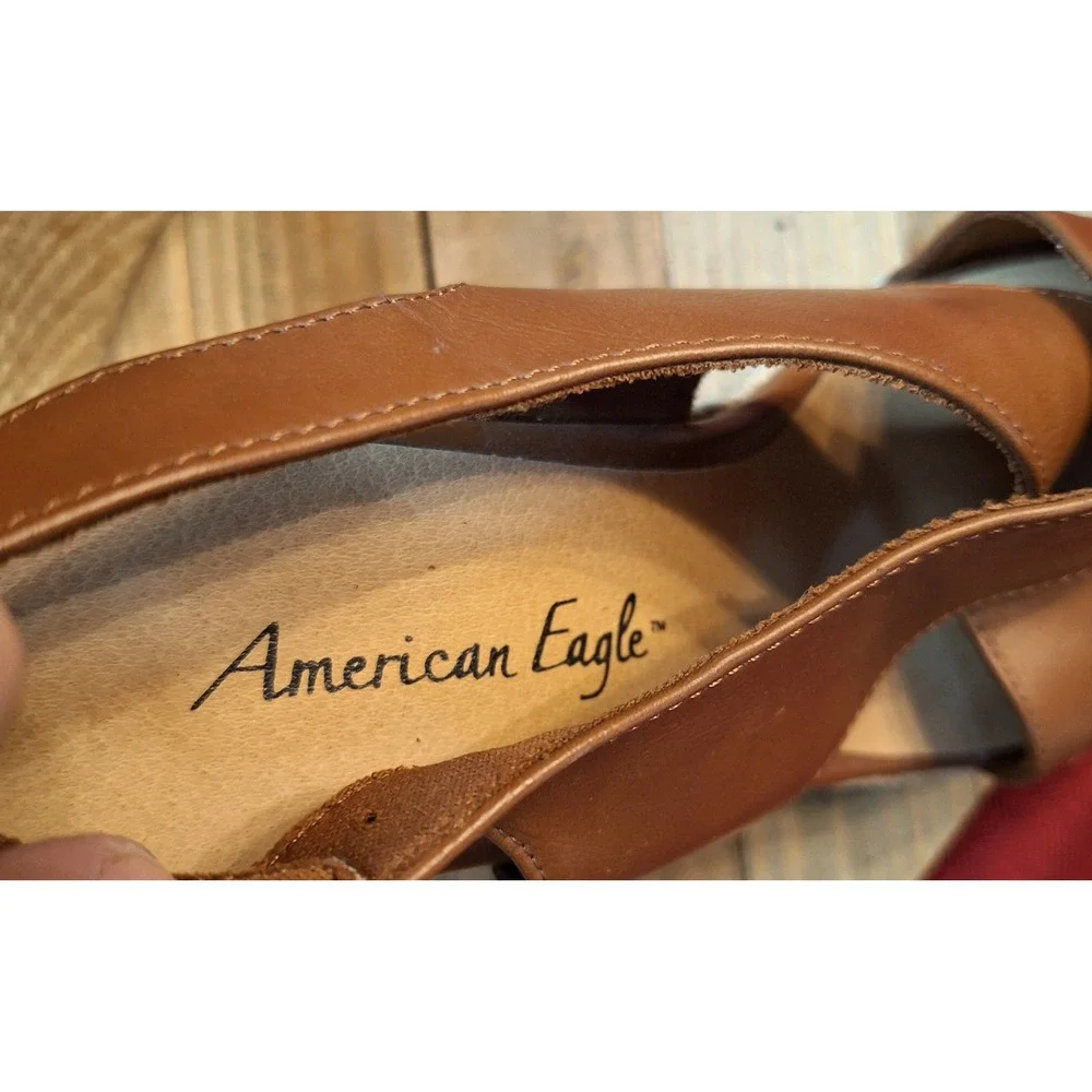 American Eagle Tan Faux‎ Leather Espadrille Wedge Sandals Women Size 8 159833